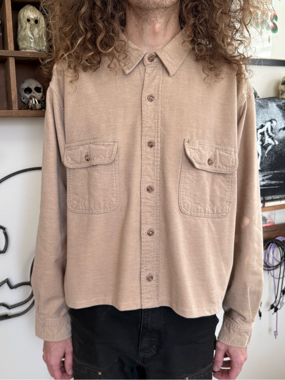 Vintage 90s Y2K Tan Cropped Boxy Chamois Button Down Shirt ~ Size XL